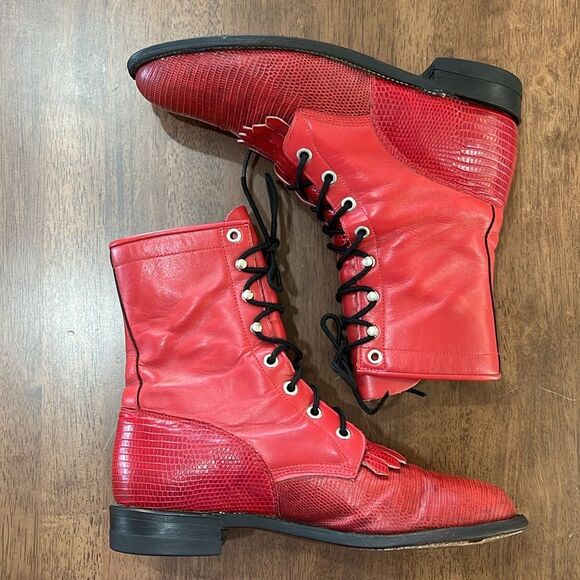 Vintage 1994 Justin Red Lizard & Kipskin Kilted Roper Boots Women’s 7.5B Rare - Picture 7 of 14